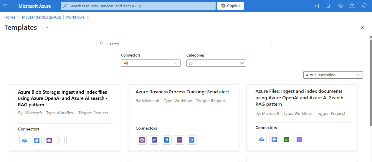 Azure portal と Standard ワークフローのワークフロー テンプレート ギャラリーを示すスクリーンショット。