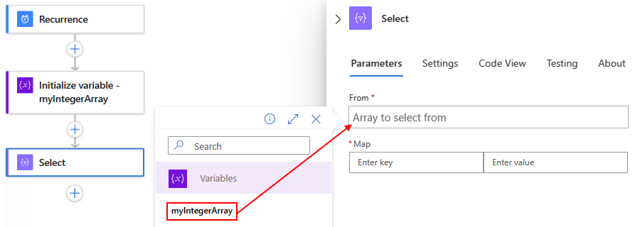 従量課金ワークフロー、選択という名前のアクション、および解析する選択したソース配列の変数を示すスクリーンショット。
