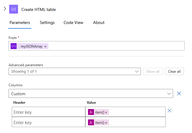 HTML テーブルの作成という名前のアクションと item() という名前の関数を示すスクリーンショット。