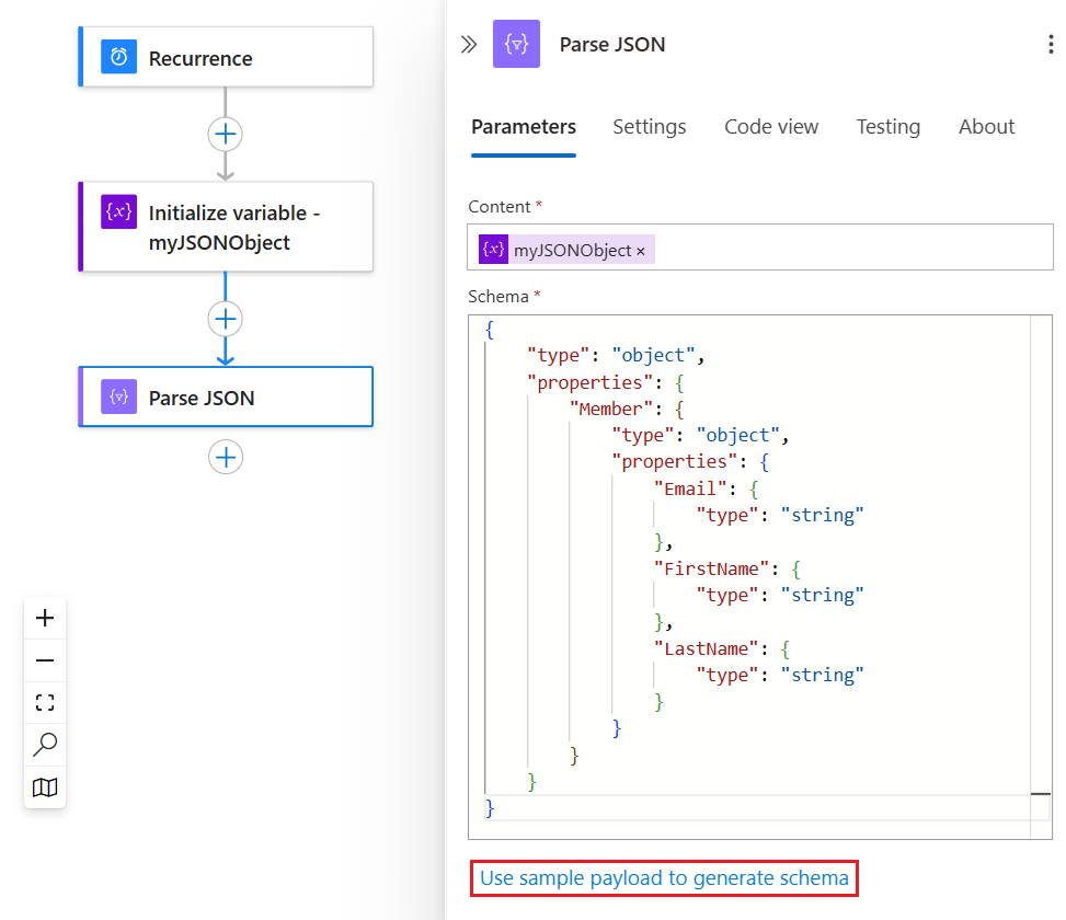 解析する JSON オブジェクトの従量課金ワークフロー、JSON の解析という名前のアクション、JSON スキーマを示すスクリーンショット。