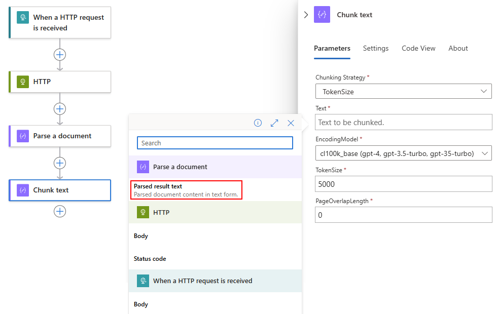 ワークフロー デザイナーを示すスクリーンショット。テキストのチャンク化という名前のアクションがあり、動的コンテンツ リストが開いていて、ドキュメントの解析アクションからの出力が選択されています。