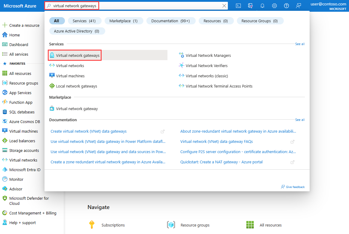 Azure portal での仮想ネットワーク ゲートウェイの検索を示すスクリーンショット。