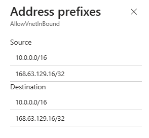 セキュリティ 規則に関連付けられているアドレス プレフィックスのスクリーンショット。