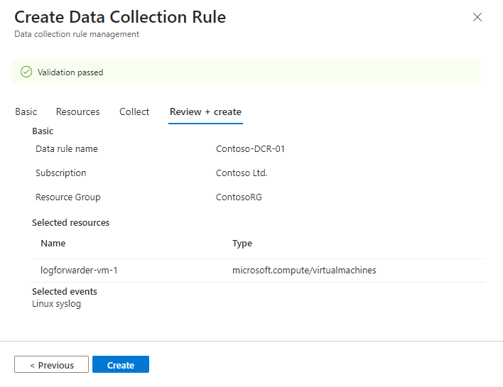 DCR の構成をレビューして作成する方法を示すスクリーンショット。