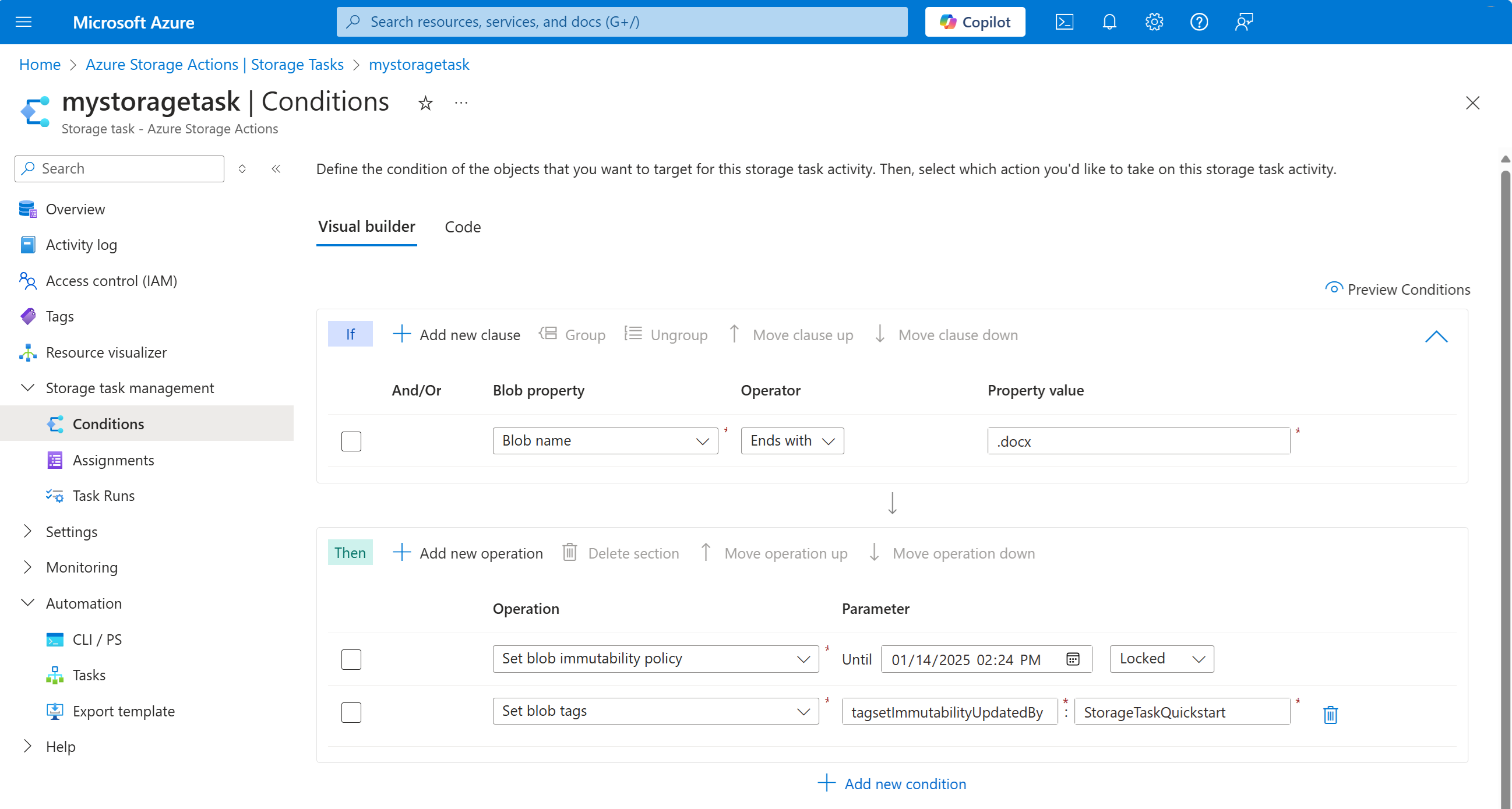 デプロイされたストレージ タスクが Azure portal に表示されているスクリーンショット。