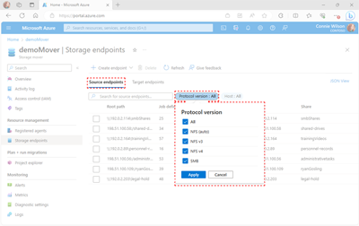 エンドポイント フィルターの場所を示すAzure ポータル内の [ストレージ エンドポイント] ページのスクリーンショット。