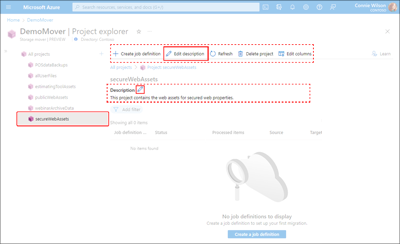 Azure ポータル内の [Project プロパティ] タブのスクリーンショット。エディット コントロールの場所を示します。