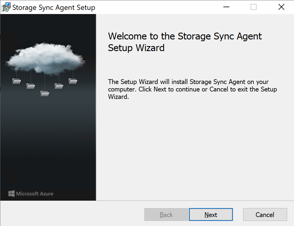 File Sync エージェント セットアップ ウィザードのウェルカム ページに [次へ] ボタンと [キャンセル] ボタンが表示されているスクリーンショット。