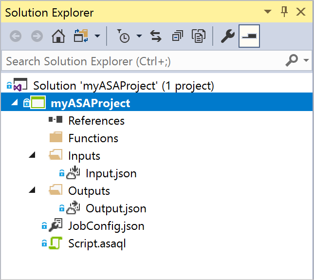 Visual Studio のサンプル Stream Analytics アプリケーション プロジェクトの [ソリューション エクスプローラー] ウィンドウのスクリーンショット。
