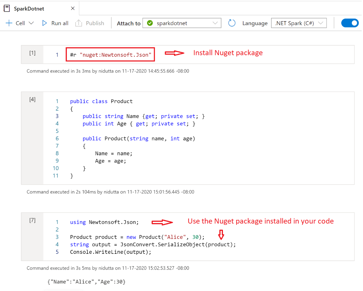 Spark .NET ノートブック NuGet パッケージをインストールするために #r を使用していることを示すスクリーンショット