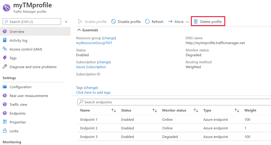 重み付けによる Traffic Manager プロファイルを削除する