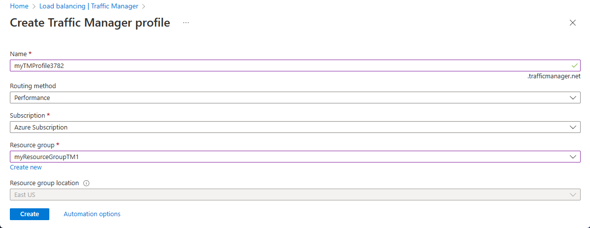 Screenshot of creating a Traffic Manager profile.