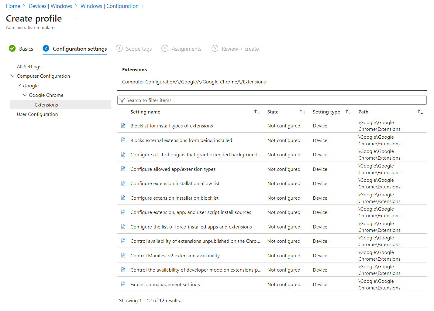 Microsoft Intune ポータルの Google Chrome 拡張機能オプションを示すスクリーンショット。