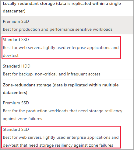 ディスク SKU のスクリーンショット。Standard SSD LRS および ZRS SKU が強調表示されています。