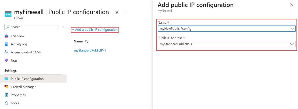 [パブリック IP 構成の追加] ペインで、[名前] フィールドと [パブリック IP アドレス] フィールドを強調表示したスクリーンショット。