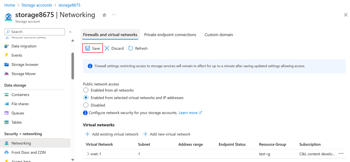 ストレージ アカウント画面とサブネット制限の確認のスクリーンショット。