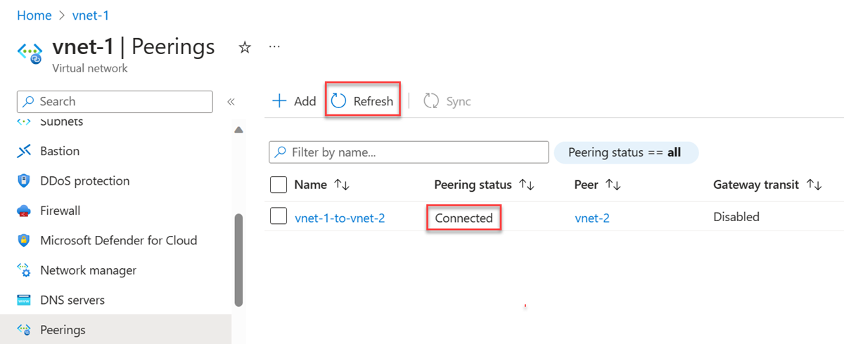 Screenshot of virtual network peering status on peerings page.