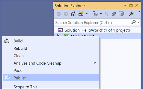 Visual Studio の [発行] コンテキスト メニュー