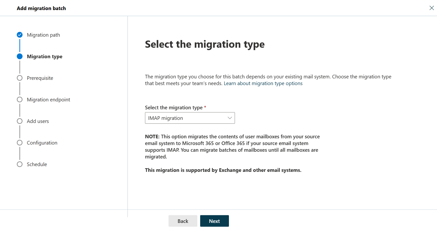 移行の種類が IMAP 移行として選択されている移行バッチ ウィザードの 2 番目の手順のスクリーンショット。