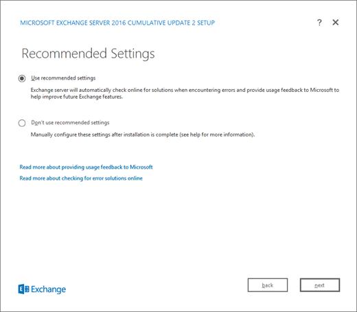 Exchange セットアップ、[推奨設定] ページ。
