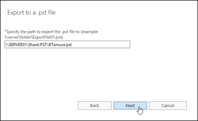 EAC の .pst ファイルへのエクスポート ウィザードで、ターゲット .pst ファイルを指定します。