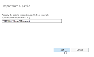 EAC の .pst ファイルからのインポート ウィザードで、ソース .pst ファイルを指定します。