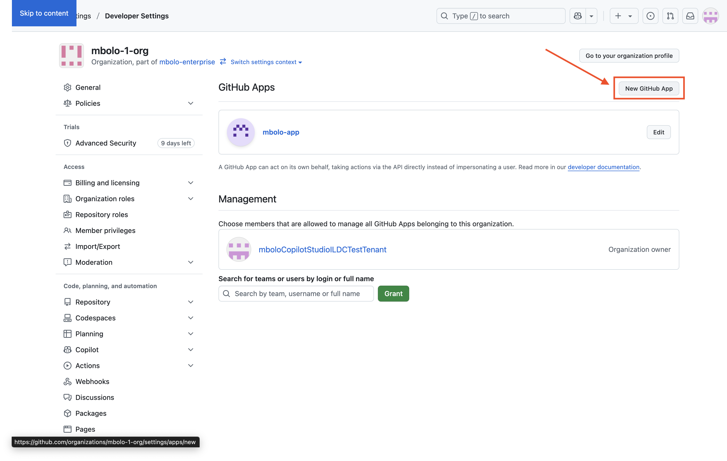 [新しい GitHub アプリ] ボタンが表示された [GitHub アプリ] ページのスクリーンショット。
