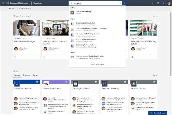 クエリと候補の検索結果が表示されている Microsoft Search ボックスのスクリーンショット。
