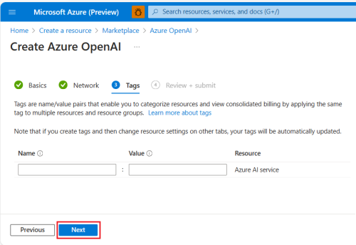 Azure OpenAI タグの詳細を示すスクリーンショット。