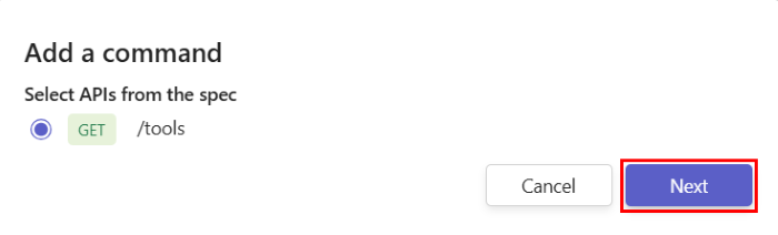 [コマンドの追加] ポップアップ ウィンドウの OpenAPI 説明ドキュメントの API の一覧を示すスクリーンショット。