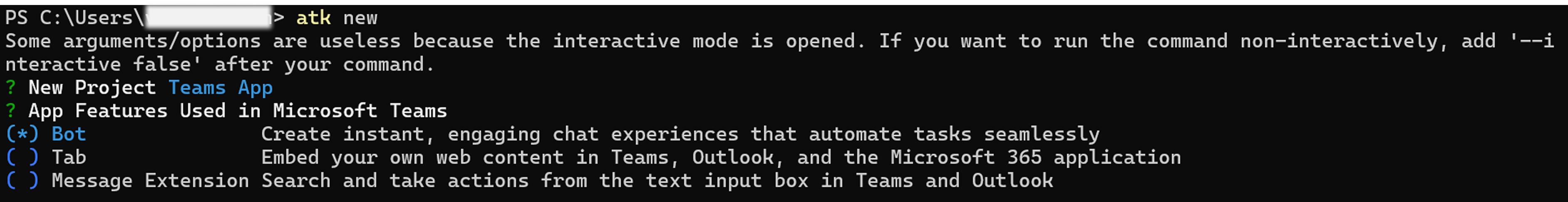 Teams で新しいアプリを作成するプロセスを示すスクリーンショット。