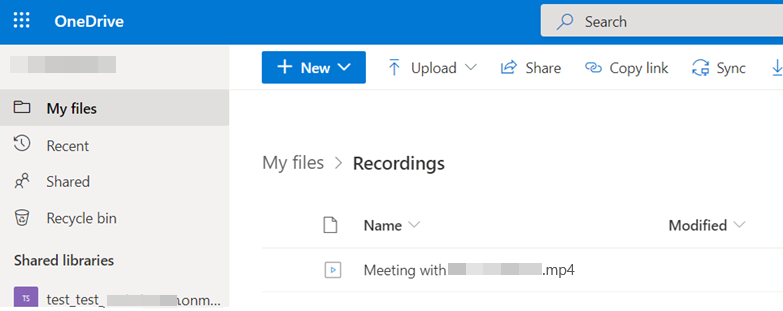 会議のレコーディングを保存するための OneDrive の場所のスクリーンショット。