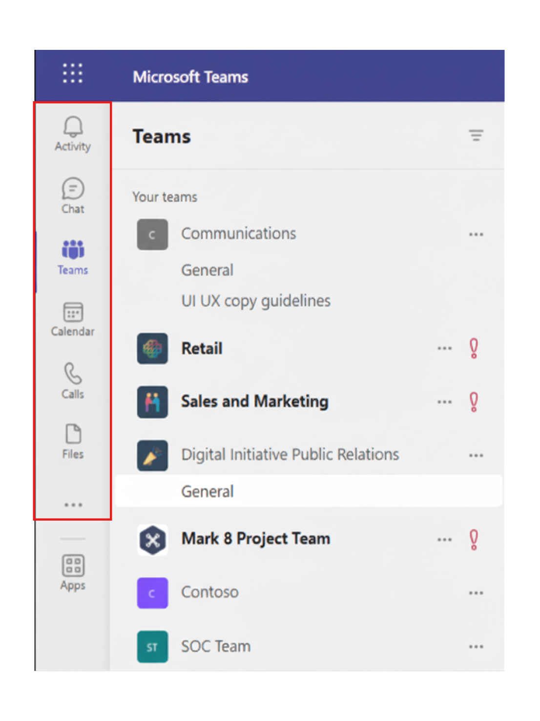 アクティビティ、チャット、Teams、Calendar、通話、Files、アプリのアイコンを含むアプリ バーを示すデスクトップ アプリMicrosoft Teamsスクリーンショット。