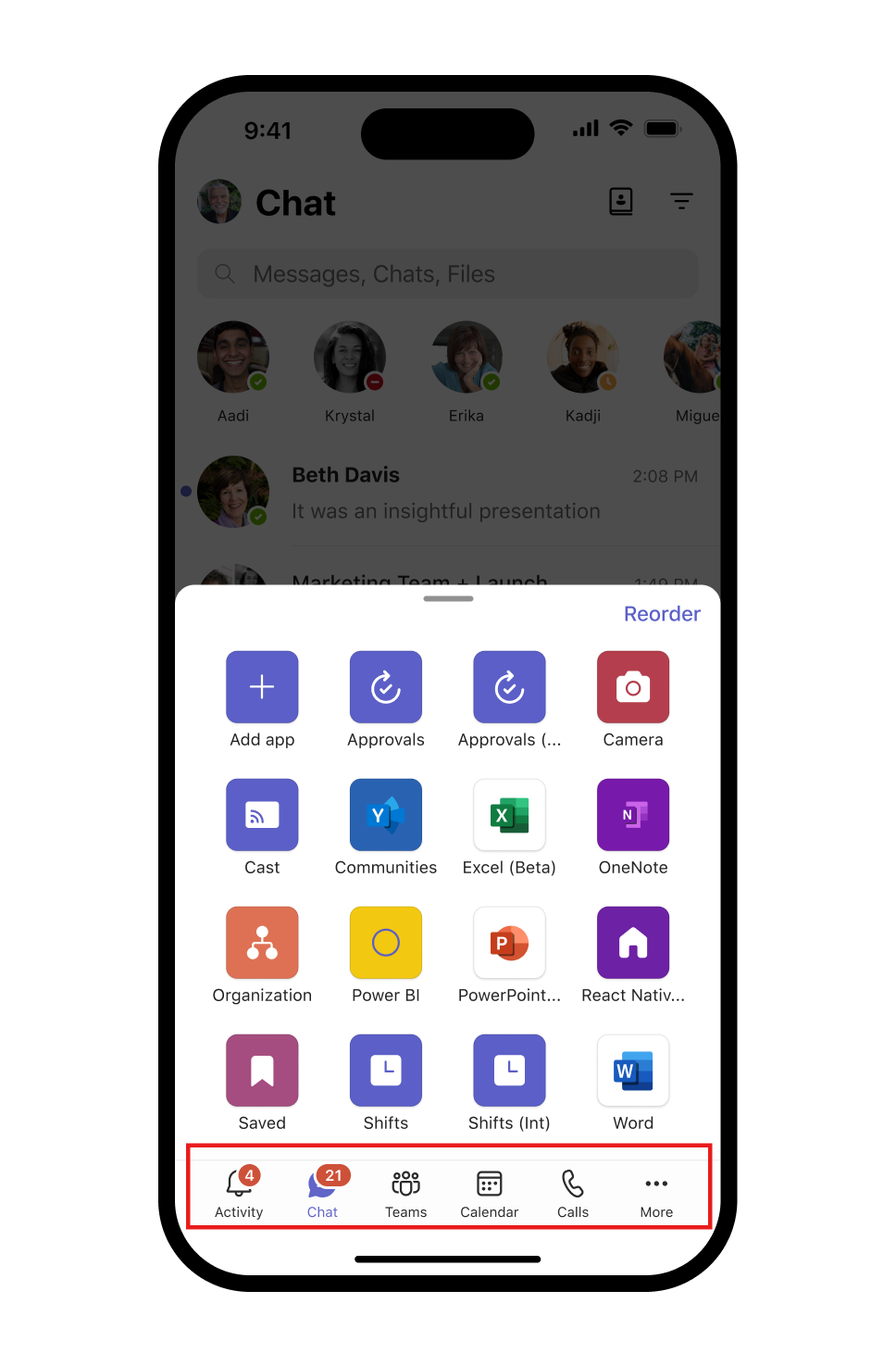 アプリ ドロワーが開き、下部のアプリ バーが強調表示された [チャット] 画面を示すMicrosoft Teams モバイル アプリのスクリーンショット。
