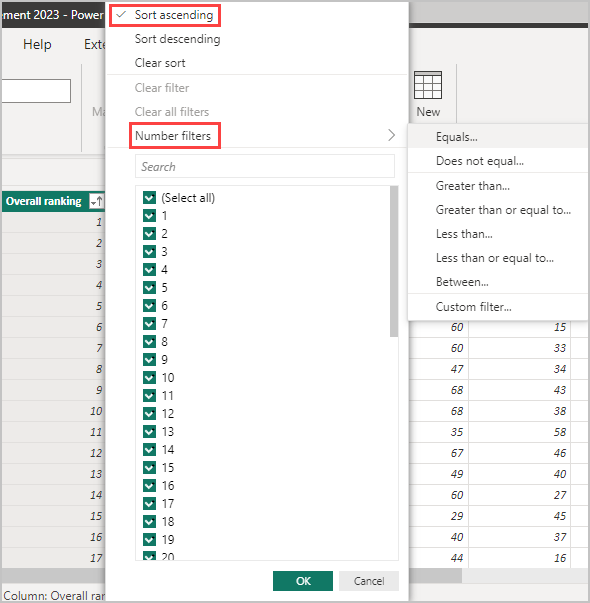 Power BI Desktop のテーブル ビューの並べ替えとフィルターのオプションを示すスクリーンショット。