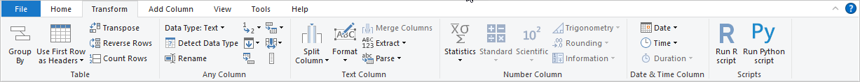 [変換] タブが表示されている Power BI Desktop のスクリーンショット。