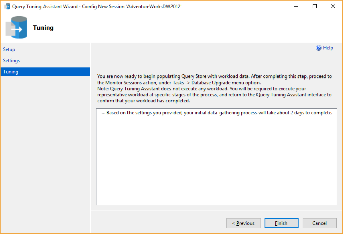 [New database upgrade tuning]\(新しいデータベース アップグレードチューニング\) ウィンドウのスクリーンショット。
