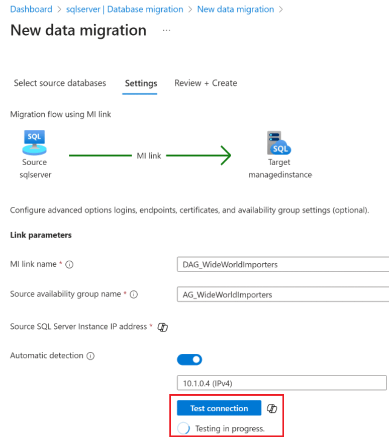 Managed Instance リンク テスト接続ボタンを示すスクリーンショット。