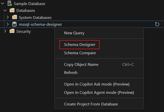 Visual Studio Code MSSQL 拡張機能でスキーマ デザイナーを開くエントリ ポイントのスクリーンショット。