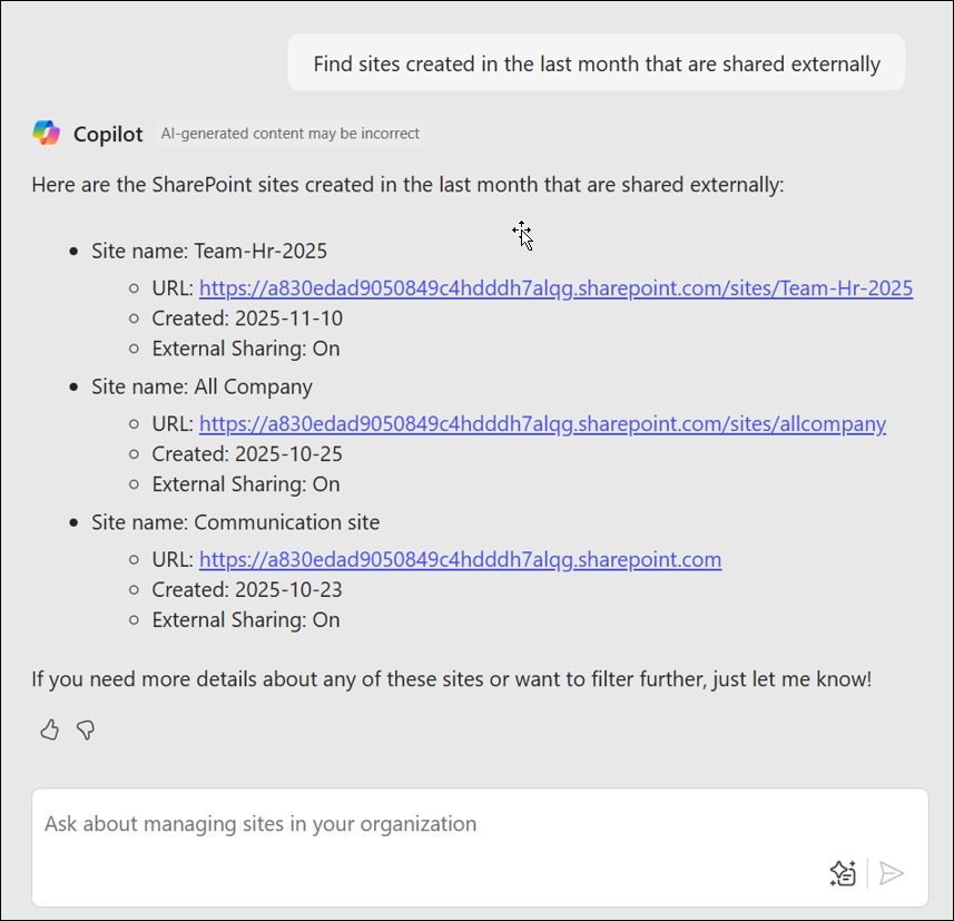SharePoint 管理センターの Copilot を示すスクリーンショット。非アクティブで外部で共有されているサイトのフィルター処理された一覧を含む複数条件サイトの検索結果が表示されています。