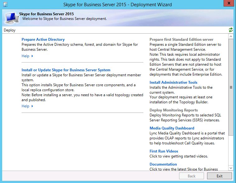 Skype for Business Server展開ウィザード。