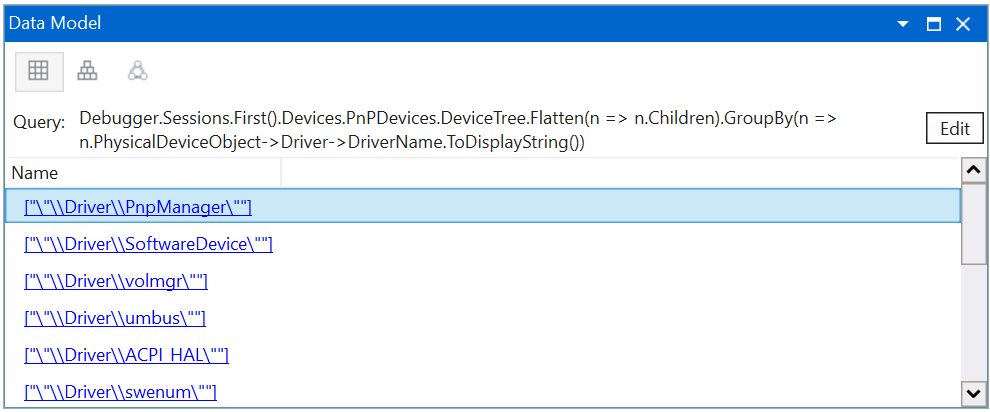 WinDbg のグリッド ビューにプラグ アンド プレイ デバイス ツリーが表示されている [データ モデル] ウィンドウのスクリーンショット。