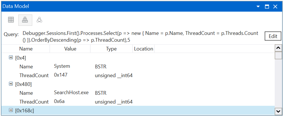 WinDbg のプロセスとスレッドが表示されている [データ モデル] ウィンドウのスクリーンショット。