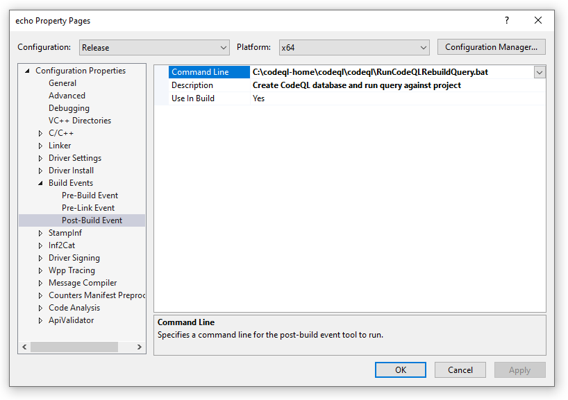 コマンド ライン オプションとして構成されたバッチ ファイルを示す Visual Studio ビルド 後のイベント構成。