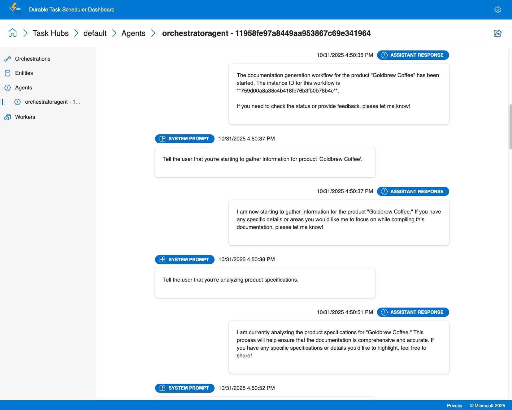 会話スレッドとメッセージを含むエージェント チャット履歴を示す Durable Task Scheduler ダッシュボードのスクリーンショット。