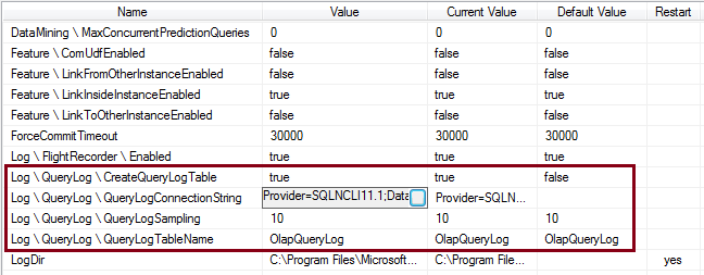Management Studio でのクエリ ログ設定