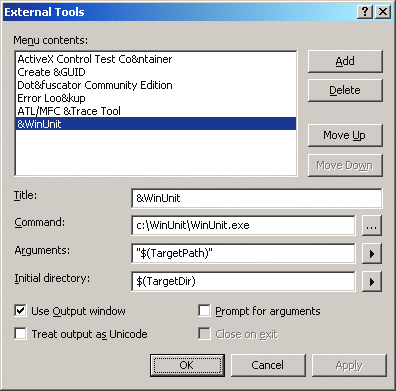 Figure 3 Adding WinUnit to External Tools