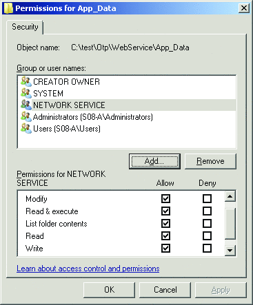 Figure 4 Required Permissions for the App_Data Directory