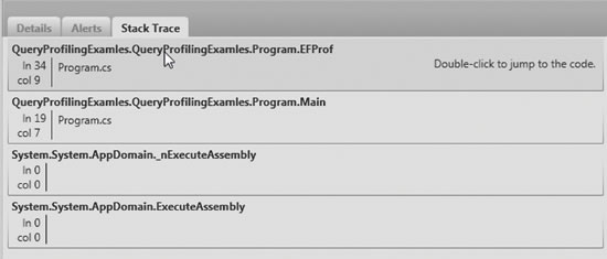 image: The EF Prof Stack Trace Lets You Jump to the Code that Executed the Selected Database Command