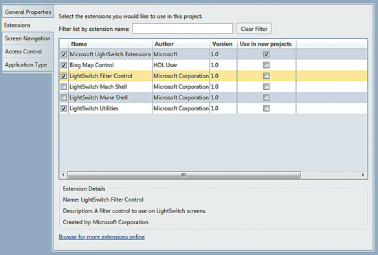 Enabling an Extension on the Extensions Tab of the LightSwitch Project Properties